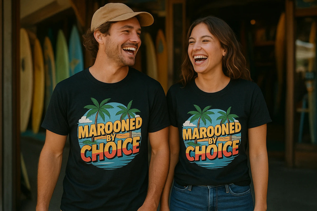 Person wearing the black islands shirts graphic tee - "Marooned By Choice" design