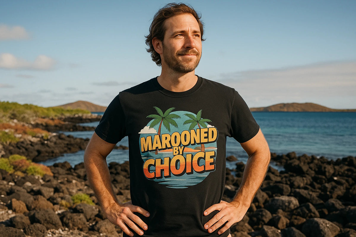Lifestyle shot of the "Marooned By Choice" black islands shirts in a real-world setting
