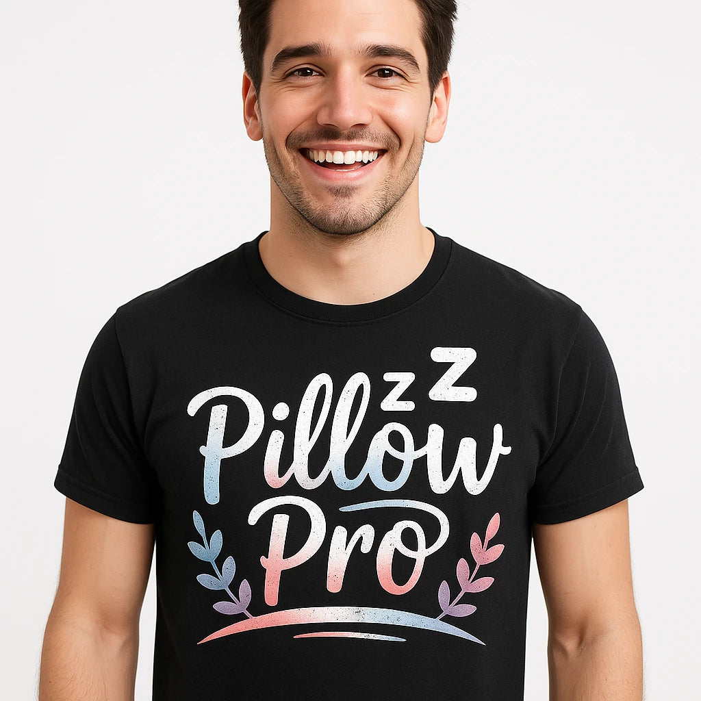 Close-up of the "Pillow Pro" white print on a premium Bella+Canvas black ladies sleep shirts