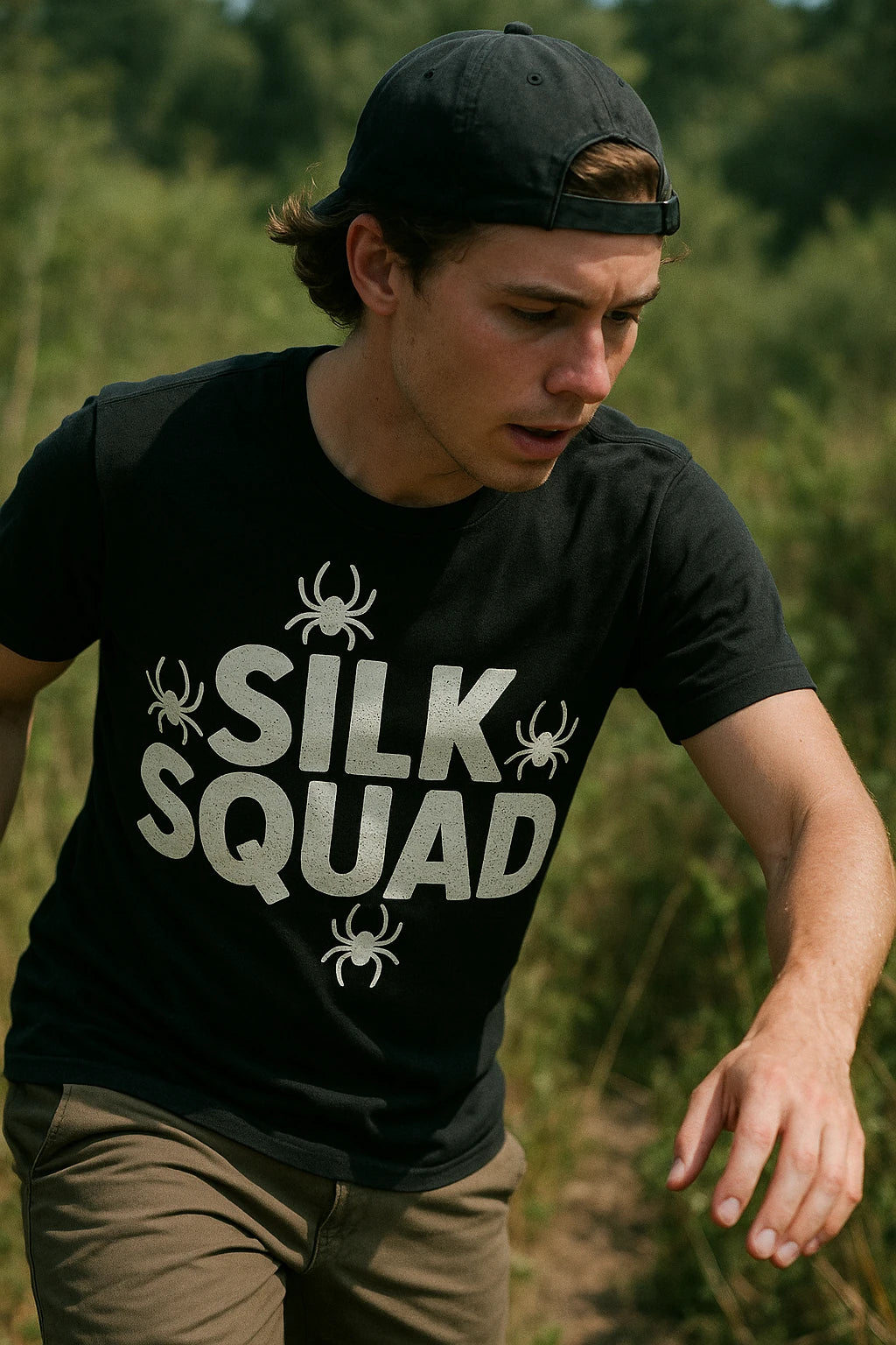 "Silk Squad" black spider tee shirt, photographed as gifts for spider lovers