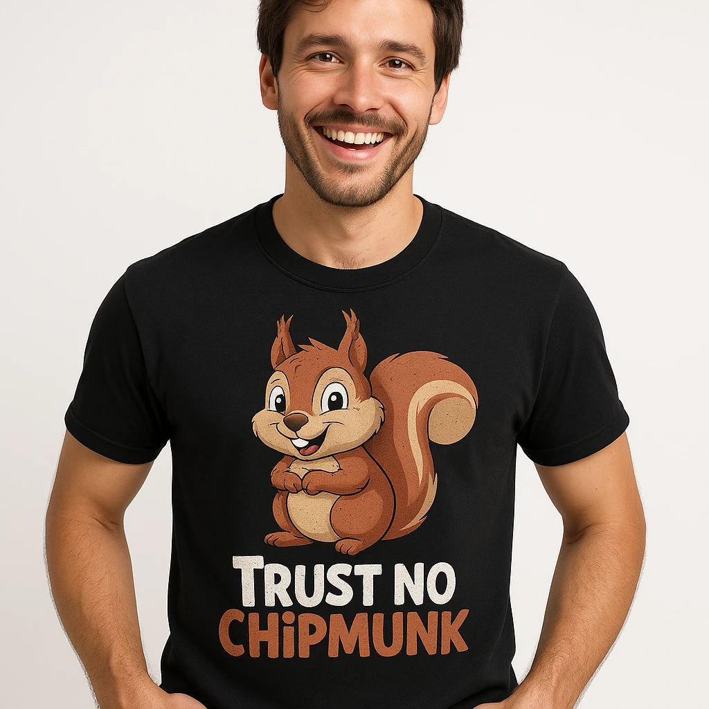 Close-up of the "Trust No Chipmunk" gold print on a premium Bella+Canvas black squirrel t shirt