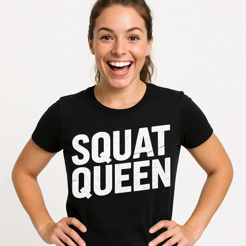 Close-up of the "Squat Queen" white print on a premium Bella+Canvas black exercise shirts mens