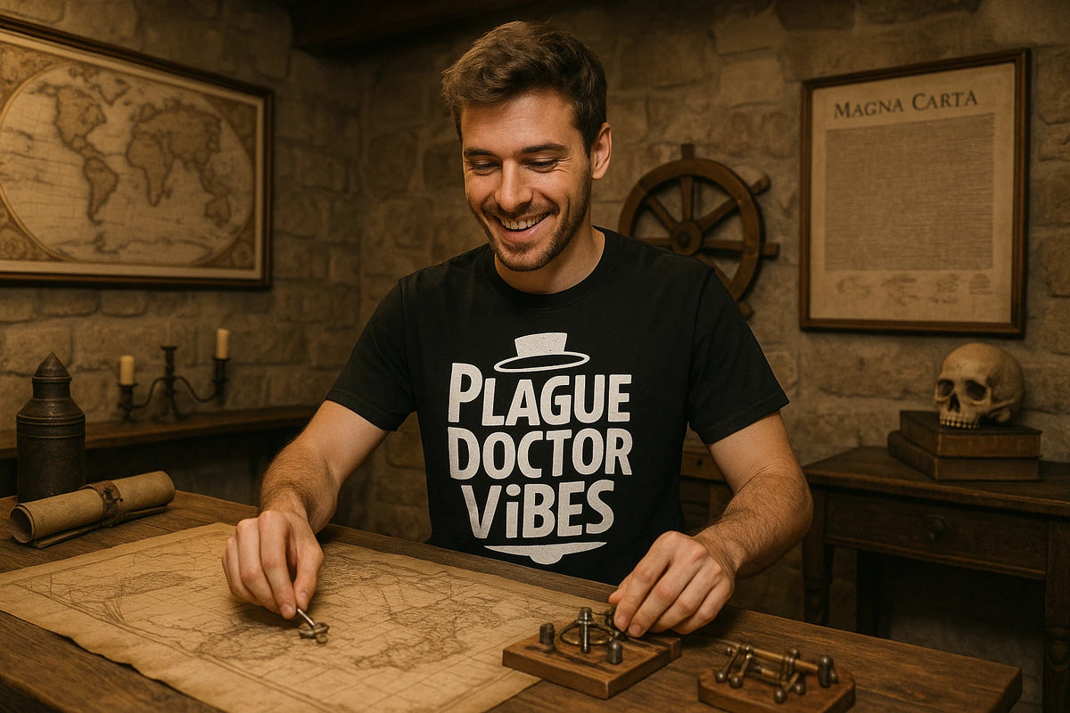 Lifestyle shot of the "Plague Doctor Vibes" black history tee shirts in a real-world setting
