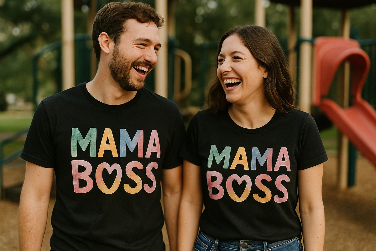 Person wearing the black mom life tee shirt graphic tee - "Mama Boss" design