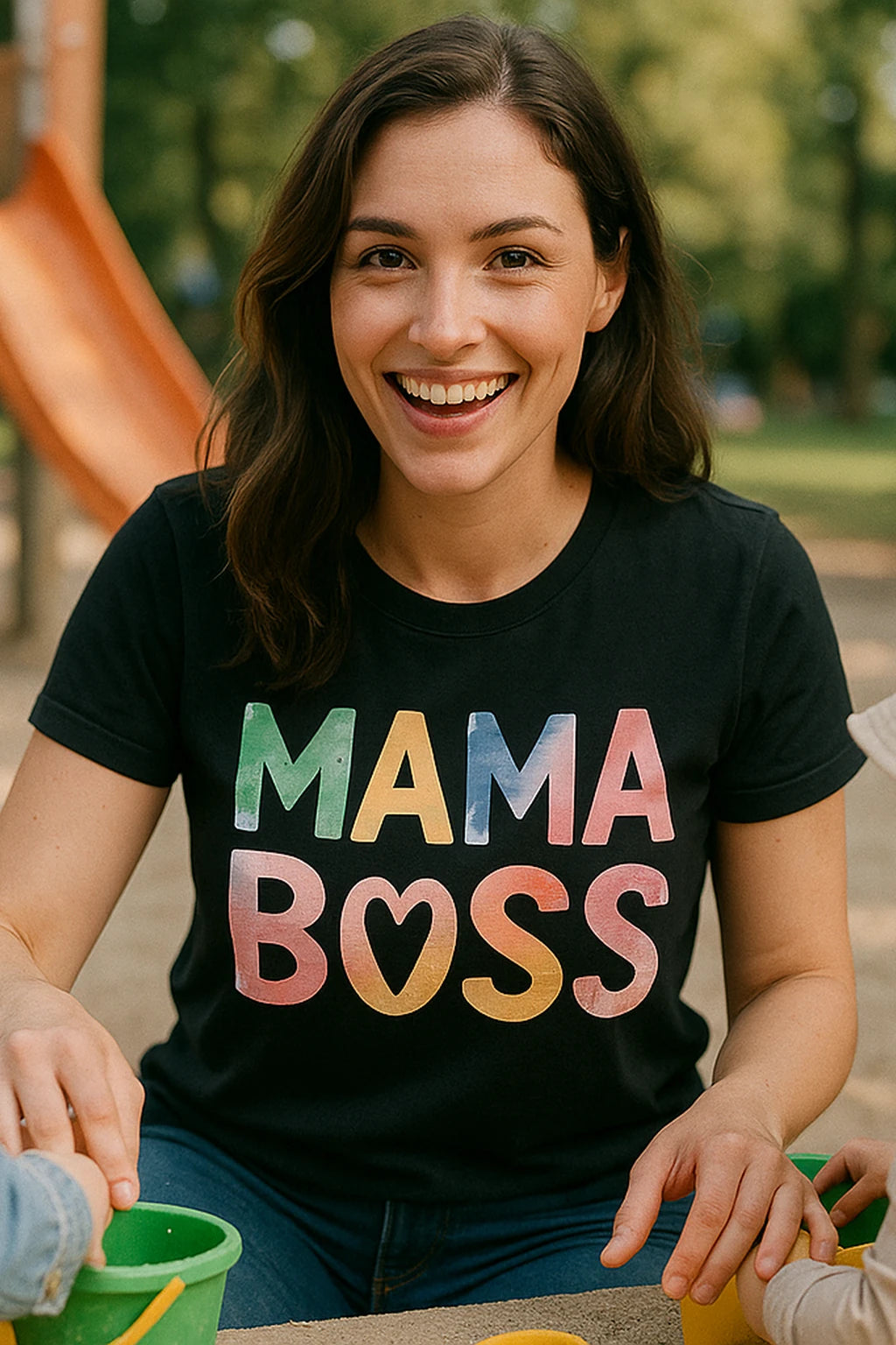 "Mama Boss" black mom life tee shirt, photographed as mom life lover gift