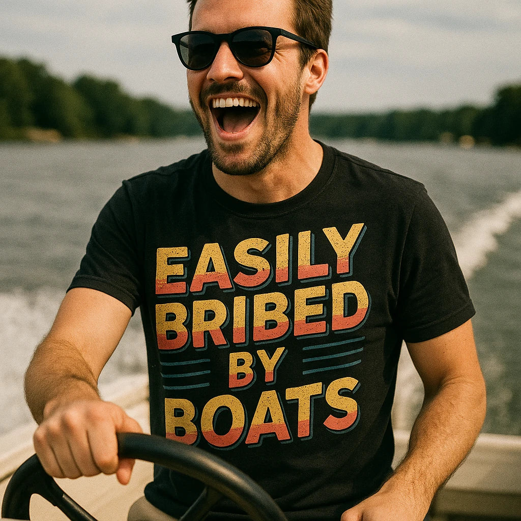 "Easily Bribed By Boats" black t shirt boat neck - also one of the gifts for boat enthusiasts