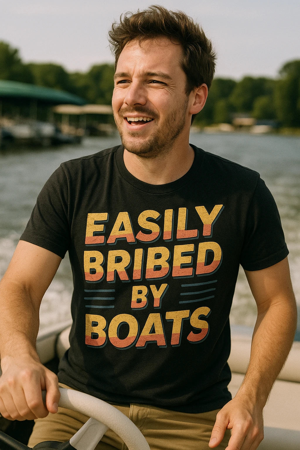 "Easily Bribed By Boats" black t shirt boat neck - also one of the presents for boat lovers