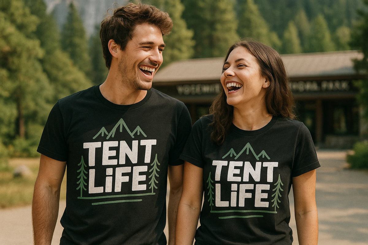 Person wearing the black national park t shirt graphic tee - "Tent Life" design