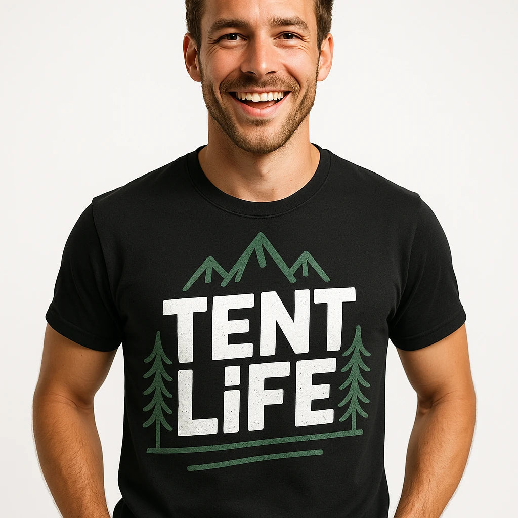 Close-up of the "Tent Life" white print on a premium Bella+Canvas black national park t shirt