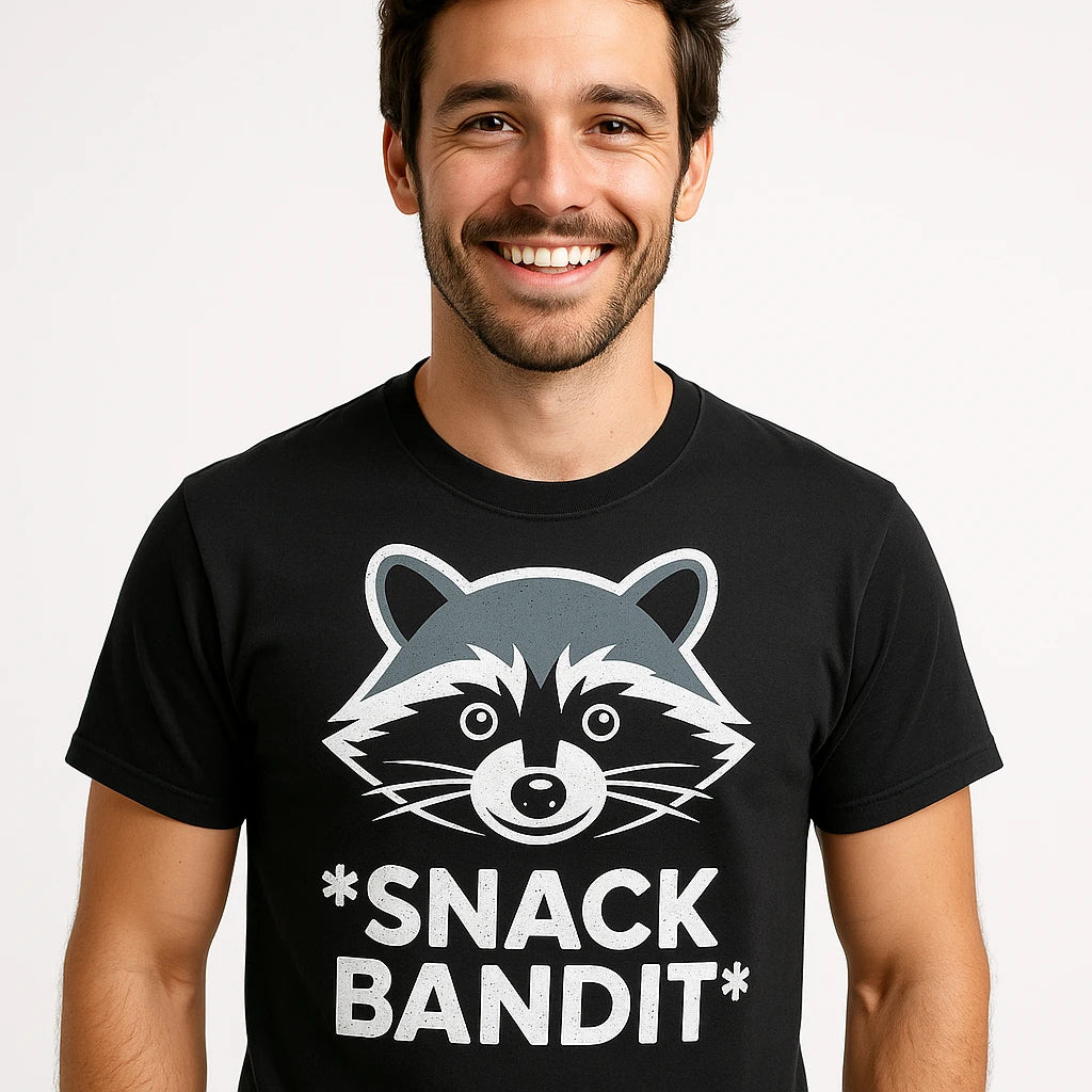 Close-up of the "Snack Bandit" white print on a premium Bella+Canvas black raccoon t shirt