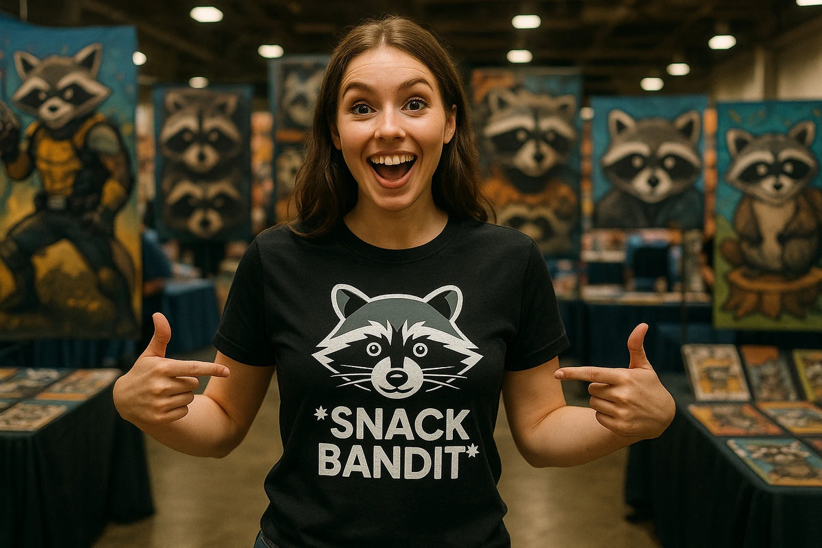 Lifestyle shot of the "Snack Bandit" black raccoon t shirt in a real-world setting