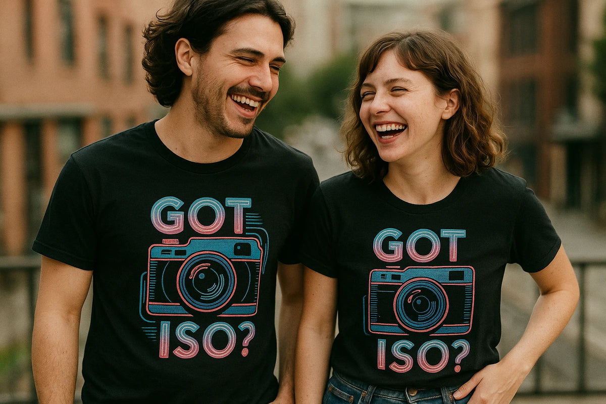 Person wearing the black photography t shirt graphic tee - "Got Iso?" design