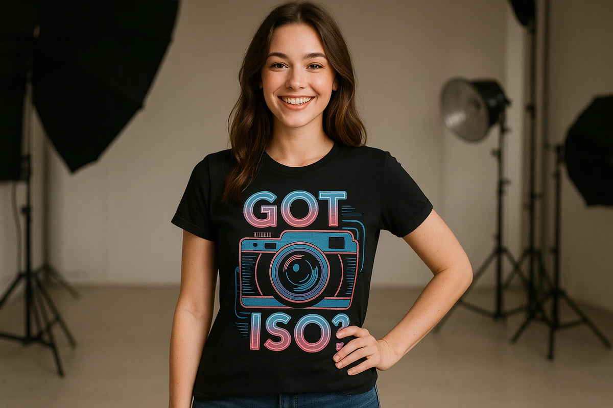 Lifestyle shot of the "Got Iso?" black photography t shirt in a real-world setting