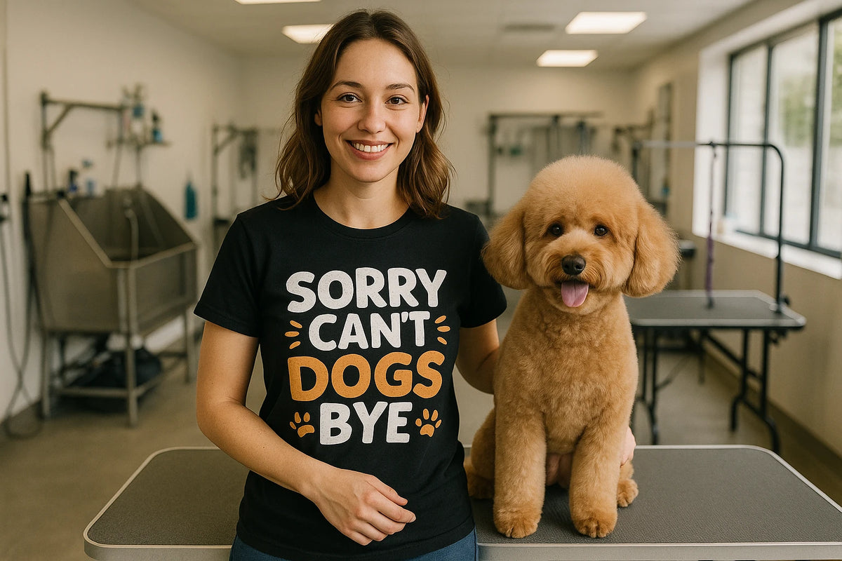Lifestyle shot of the "Sorry Cant Dogs Bye" black dogs t shirt in a real-world setting