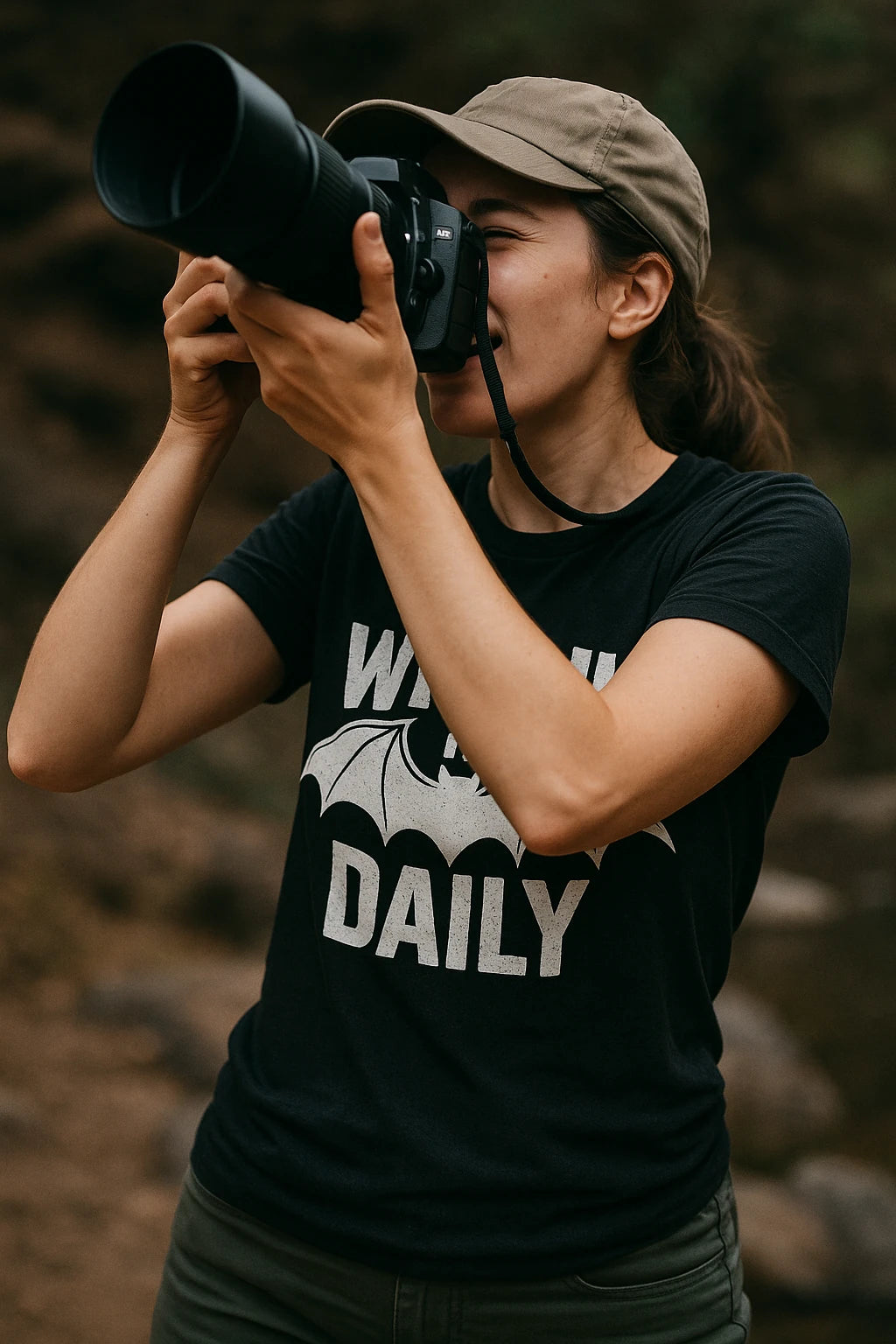 "Wingin It Daily" black batwing tshirt, photographed as gifts for bat lovers