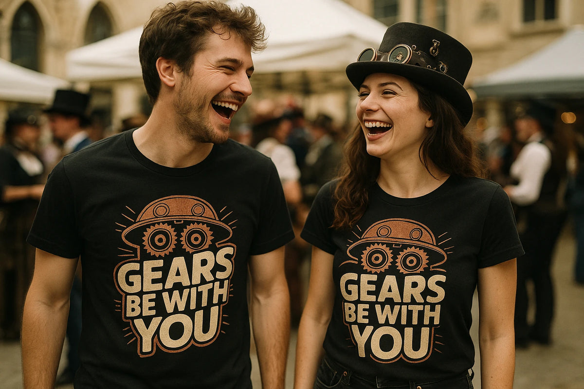 Person wearing the black steampunk shirts graphic tee - "Gears Be With You" design