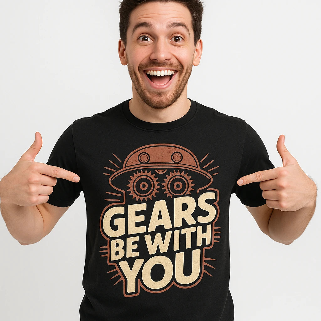 Close-up of the "Gears Be With You" tan print on a premium Bella+Canvas black steampunk shirts