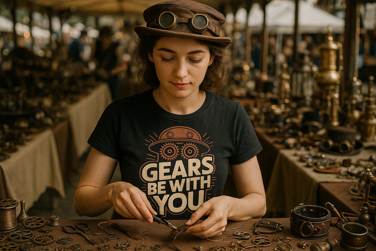 Lifestyle shot of the "Gears Be With You" black steampunk shirts in a real-world setting