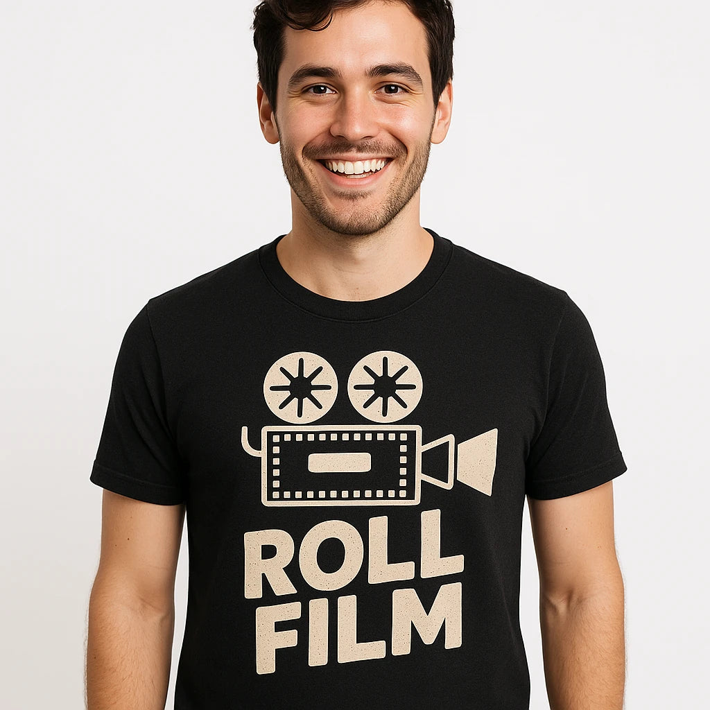 Close-up of the "Roll Film" cream print on a premium Bella+Canvas black graphic tee