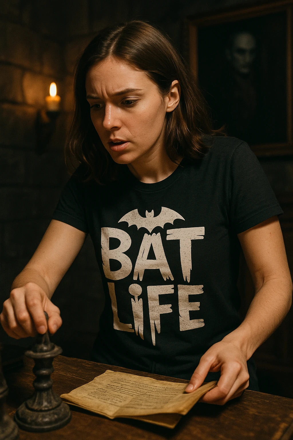 "Bat Life" black vampire's wife cat t shirt, photographed as gifts for vampire lovers