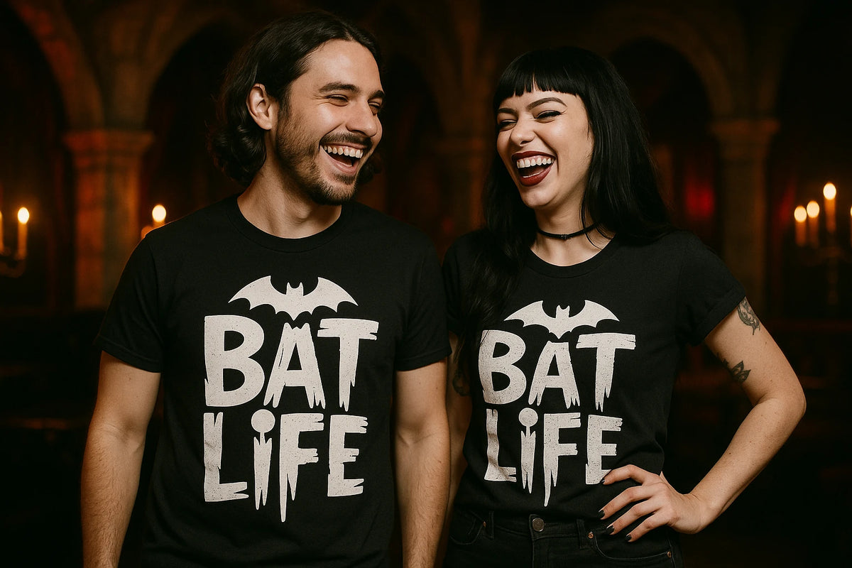 Person wearing the black vampire's wife cat t shirt graphic tee - "Bat Life" design