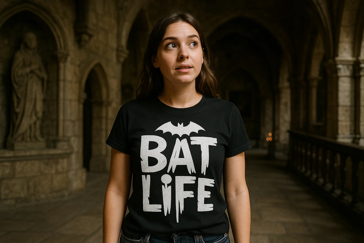 Lifestyle shot of the "Bat Life" black vampire's wife cat t shirt in a real-world setting