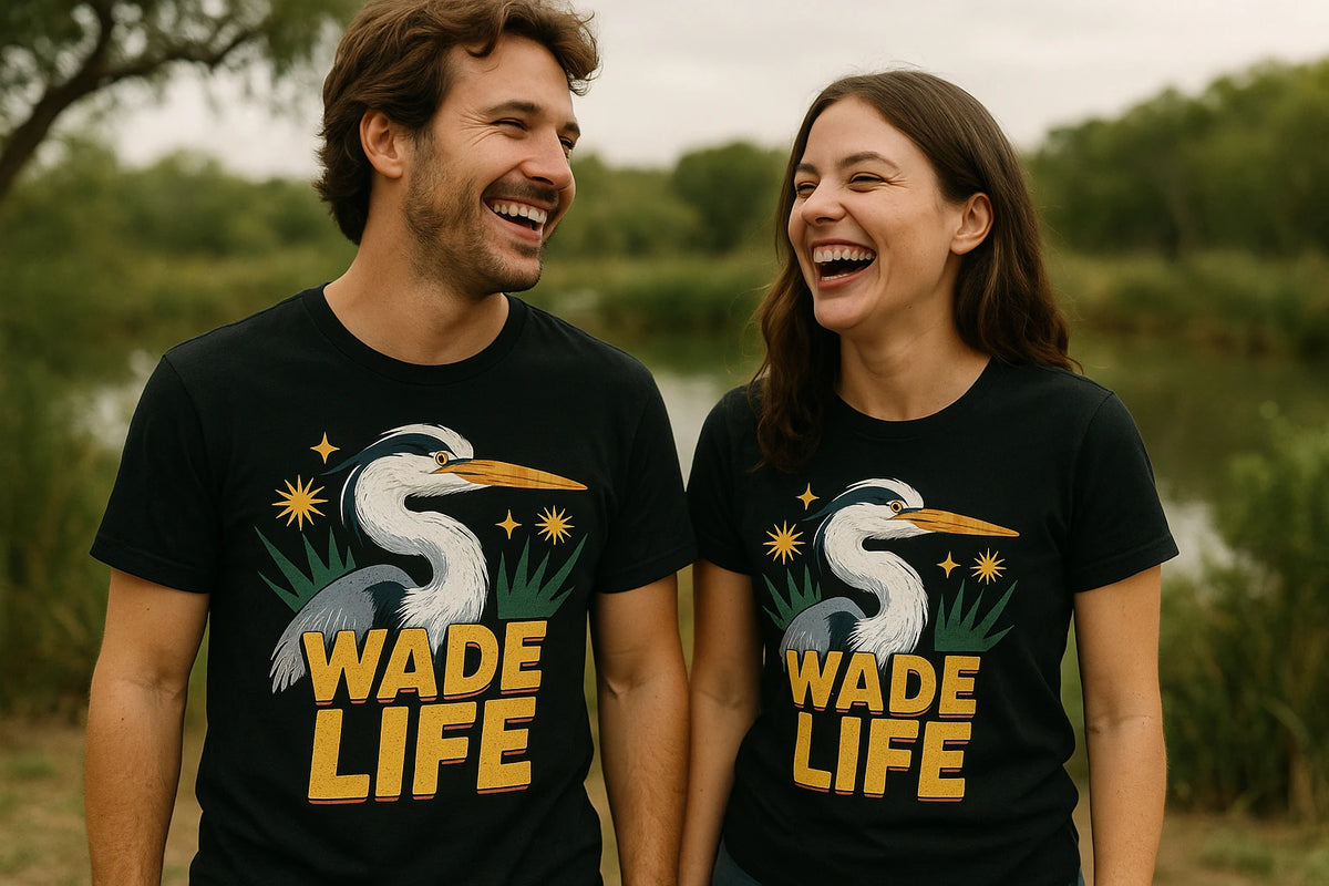 Person wearing the black heron shirts graphic tee - "Wade Life" design