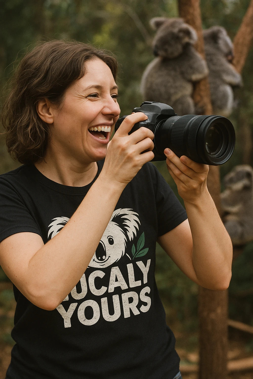 "Eucaly Yours" black koala tee shirts, photographed as best gifts for koala lovers