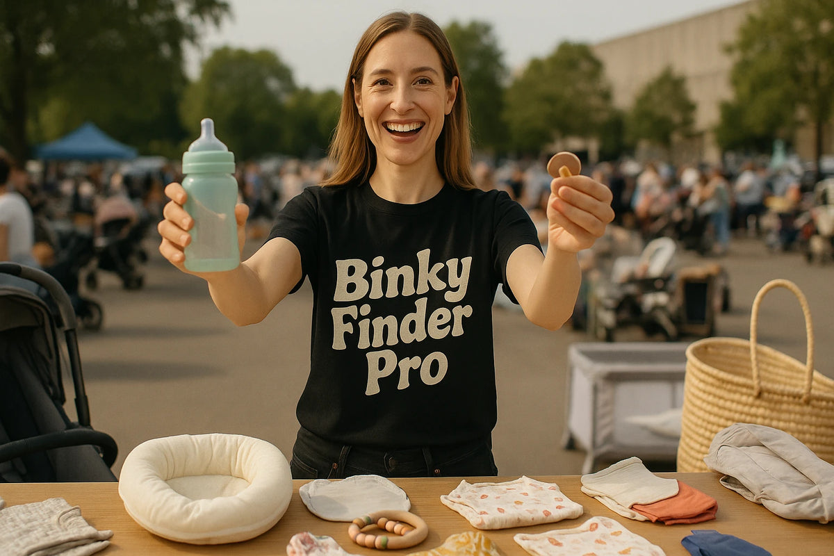 Lifestyle shot of the "Binky Finder Pro" black baby gear chaos t shirt in a real-world setting