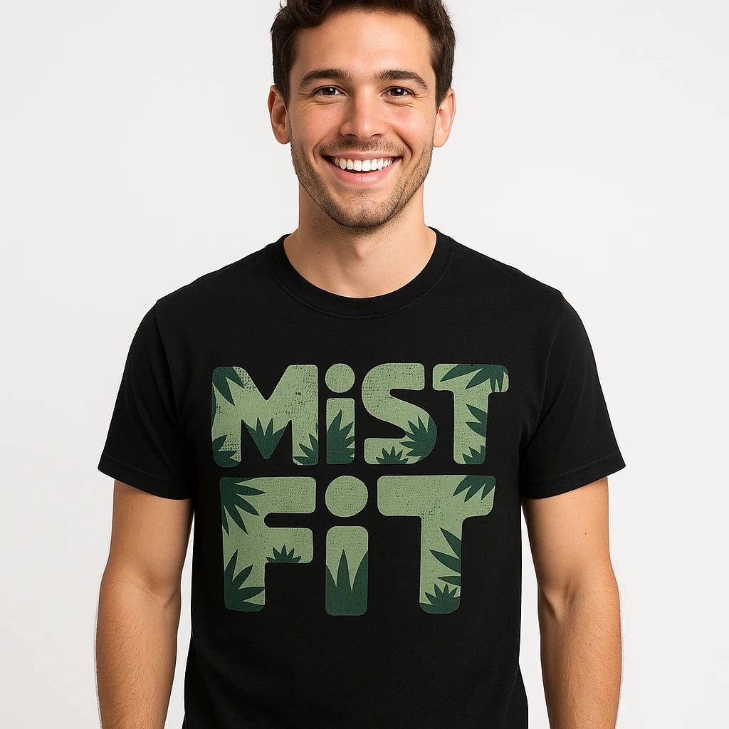 Close-up of the "Mist Fit" gray print on a premium Bella+Canvas black rainforest t shirt fundraiser