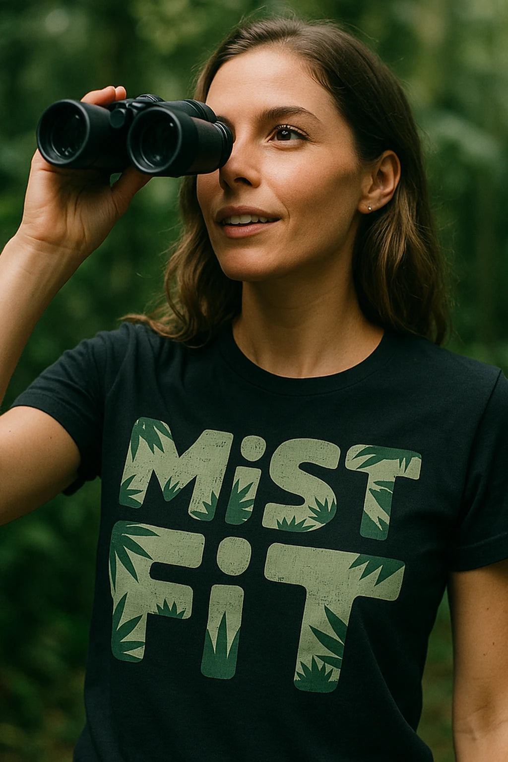 "Mist Fit" black rainforest t shirt fundraiser, photographed as rainforest lover gift