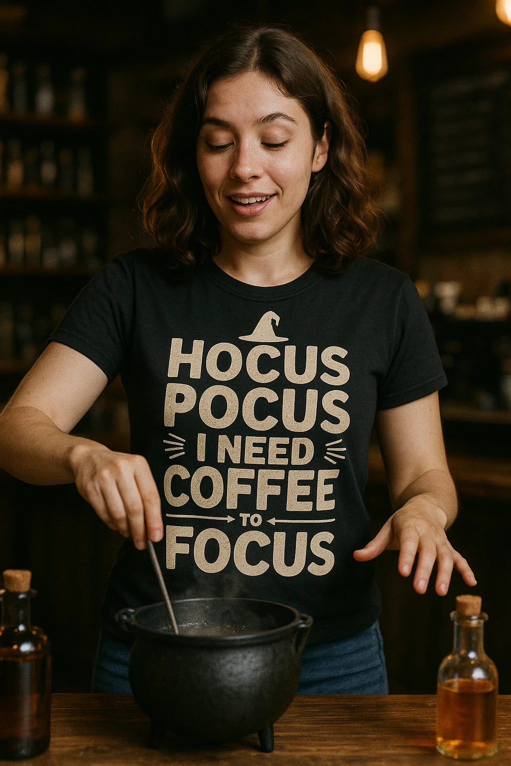 "Hocus Pocus I Need Coffee To Focus" black witch t shirt, photographed as gifts for witch lovers