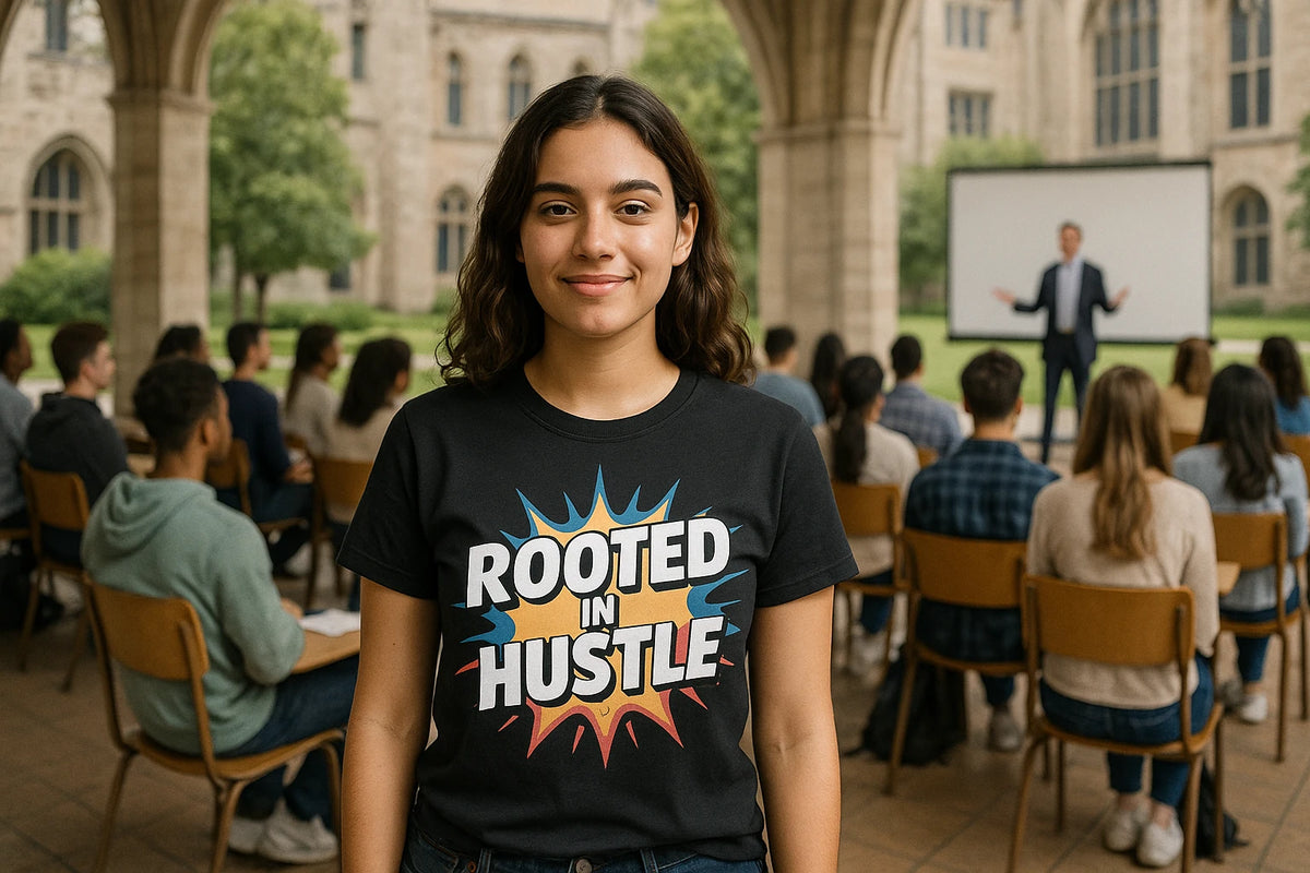 Lifestyle shot of the "Rooted in Hustle" black growth mindset t shirt in a real-world setting