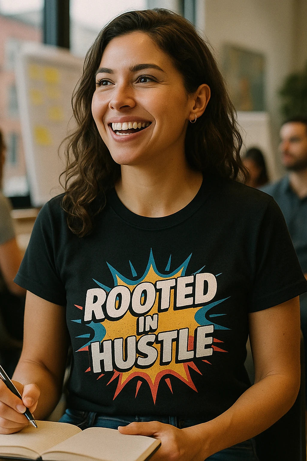 "Rooted in Hustle" black growth mindset t shirt, photographed as growth mindset lover gift