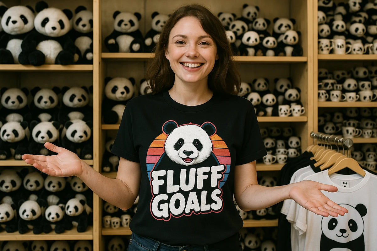Lifestyle shot of the "Fluff Goals" black panda shirts in a real-world setting