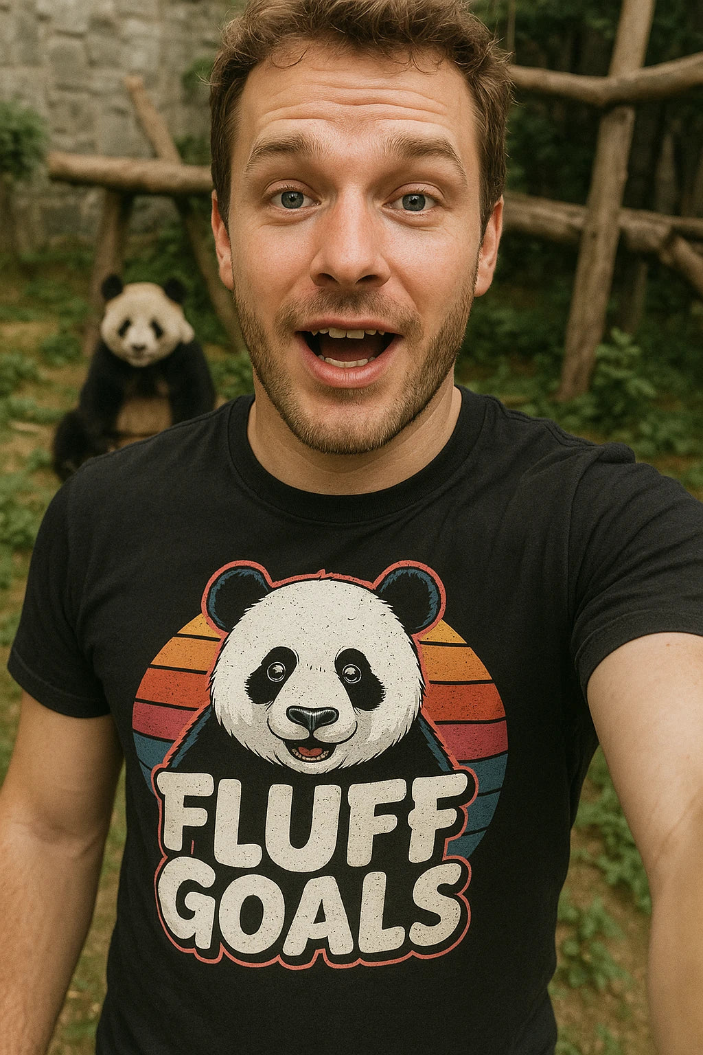 "Fluff Goals" black panda shirts, photographed as presents for panda lovers
