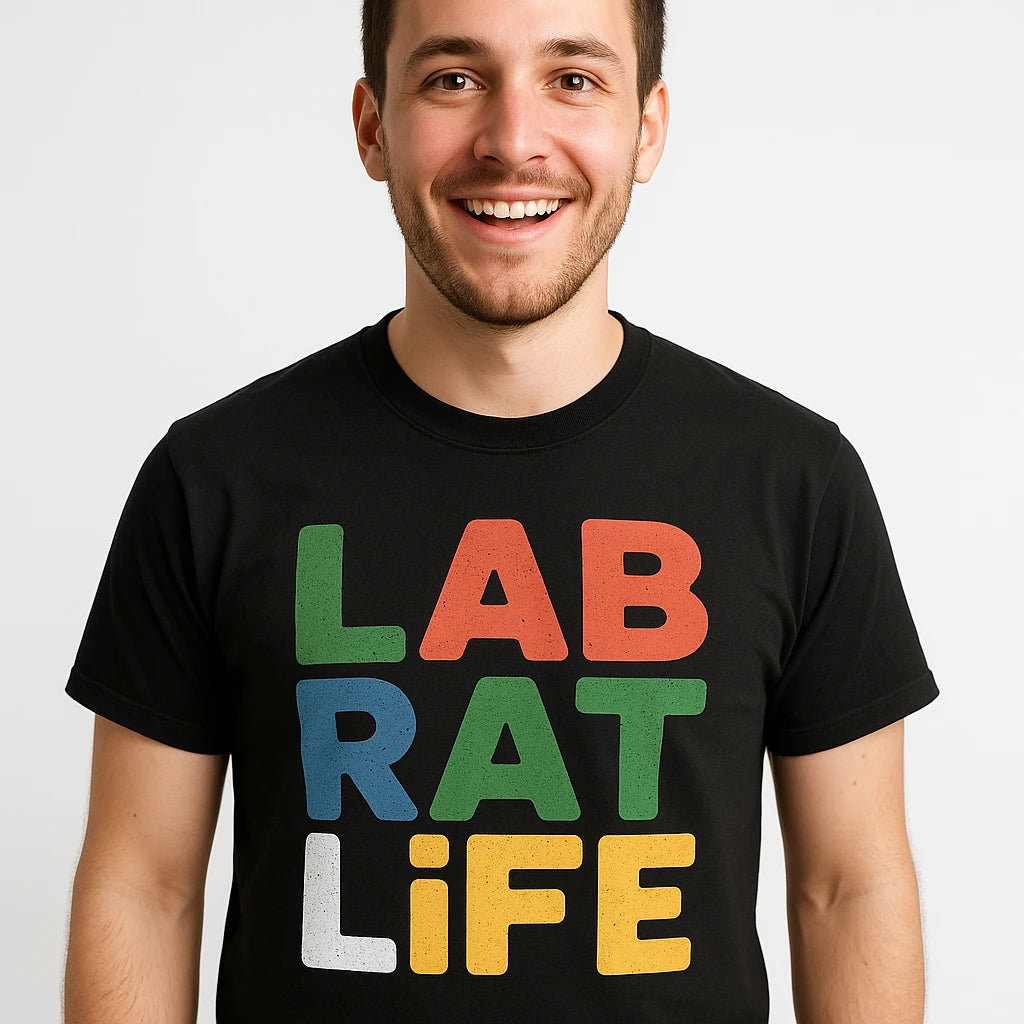 Close-up of the "Lab Rat Life" gold print on a premium Bella+Canvas black studying t shirt