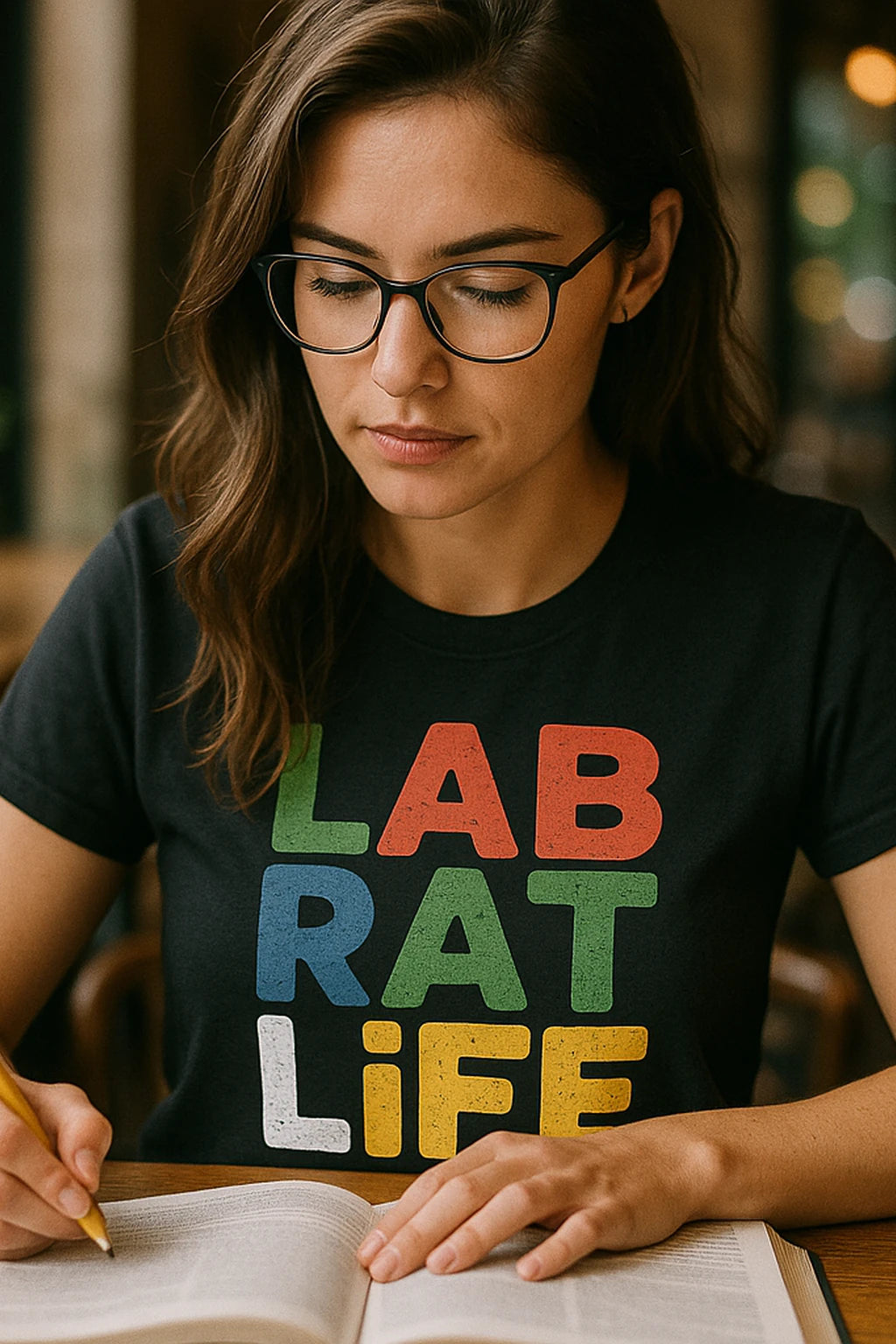 "Lab Rat Life" black studying t shirt, photographed as studying lover gift