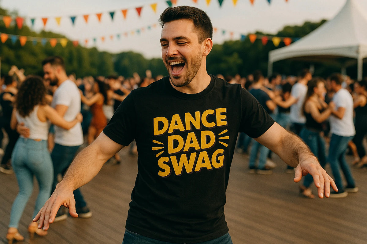 Lifestyle shot of the "Dance Dad Swag" black dance dad t shirt in a real-world setting