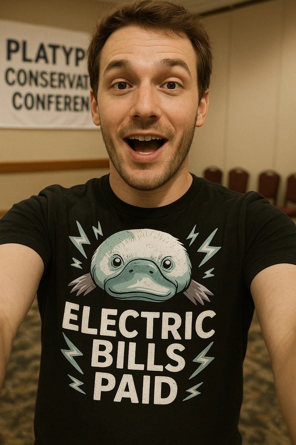 "Electric Bills Paid" black platypus shirts, photographed as platypus lover gift