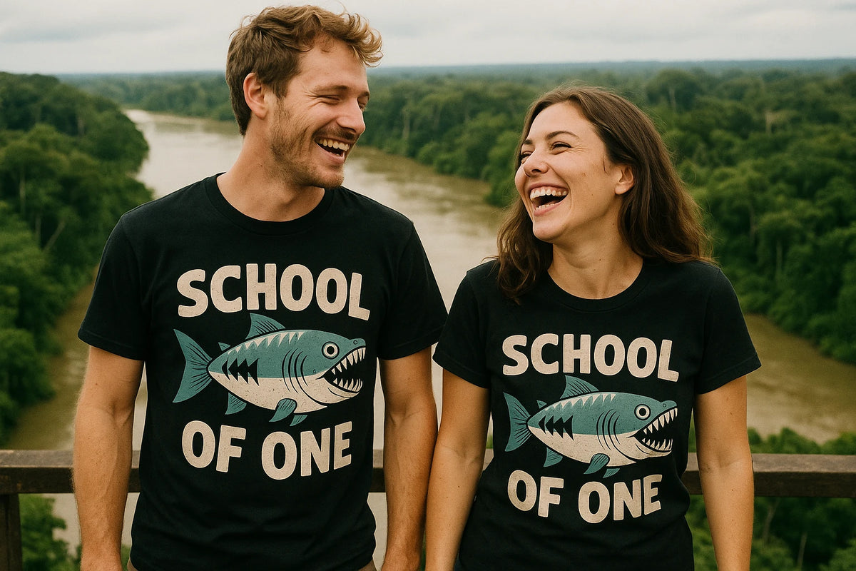 Person wearing the black piranha shirts graphic tee - "School of One" design
