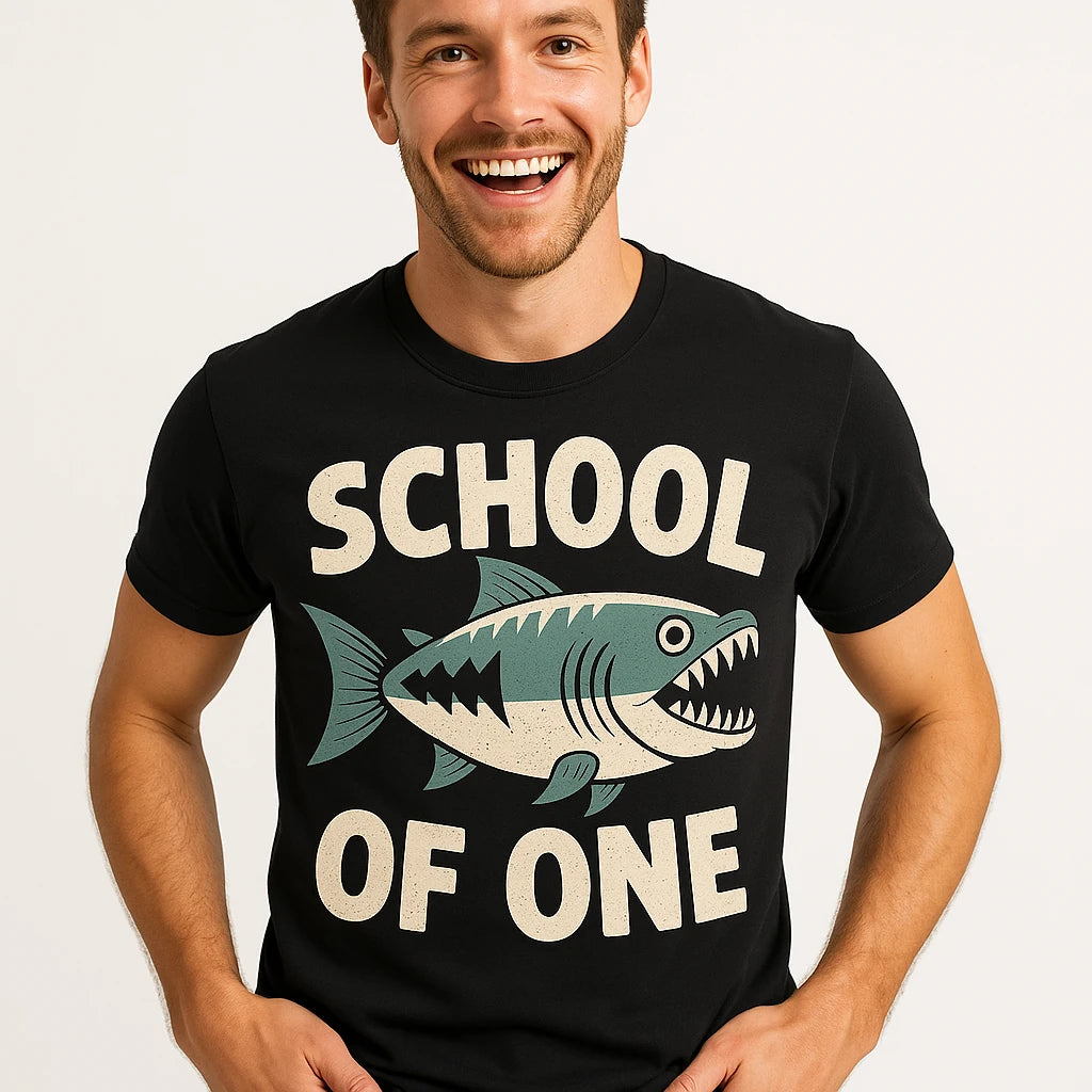 Close-up of the "School of One" cream print on a premium Bella+Canvas black piranha shirts