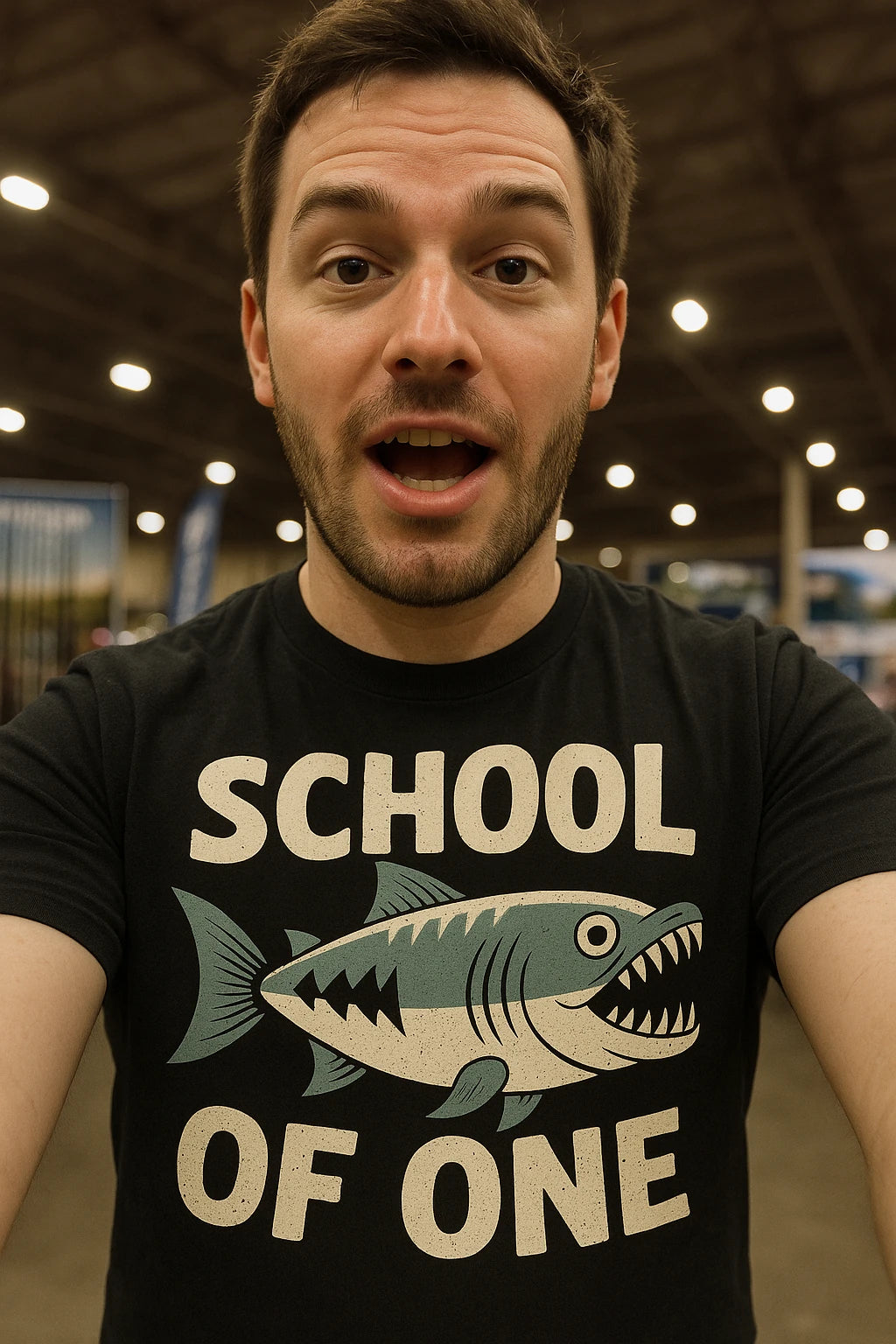 "School of One" black piranha shirts, photographed as piranha lover gift