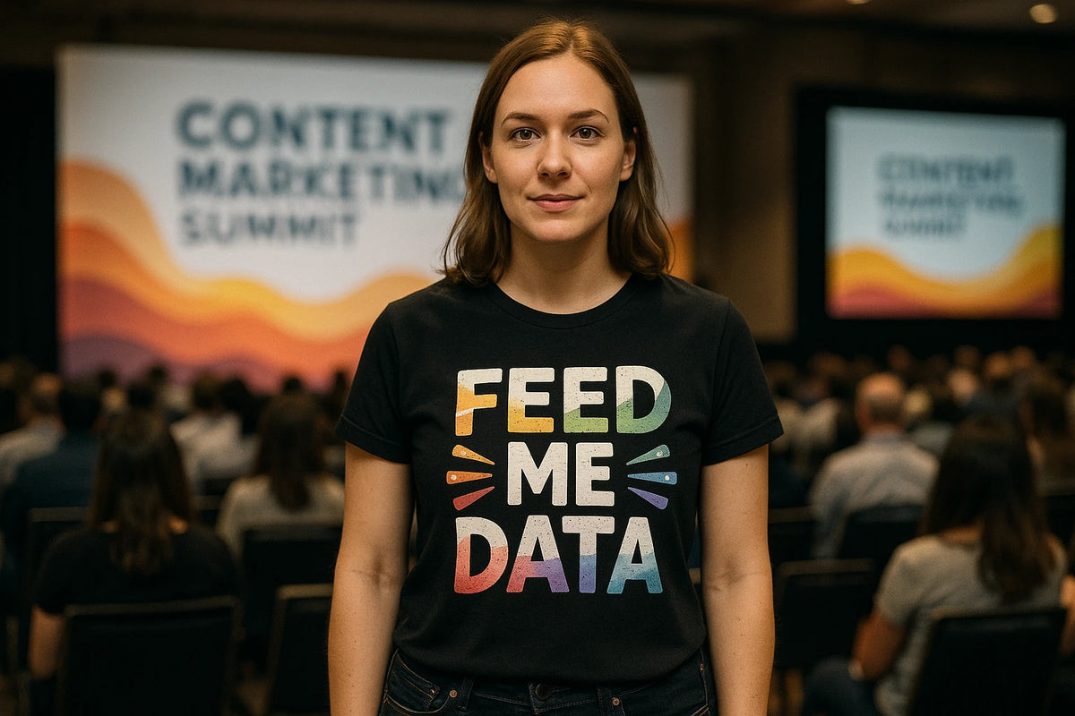 Lifestyle shot of the "Feed Me Data" black marketing manager t shirt in a real-world setting