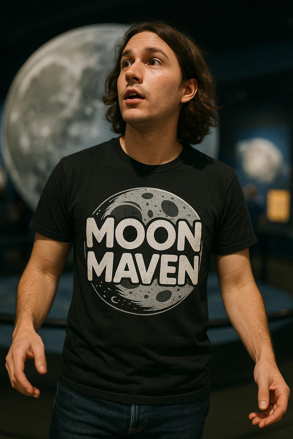 "Moon Maven" black howling at the moon t shirt - also a the moon lover gift ideas