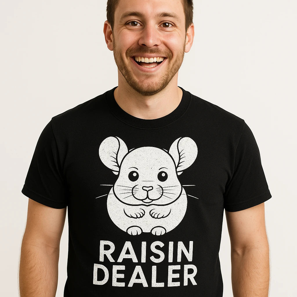 Close-up of the "Raisin Dealer" white print on a premium Bella+Canvas black chinchilla t shirt