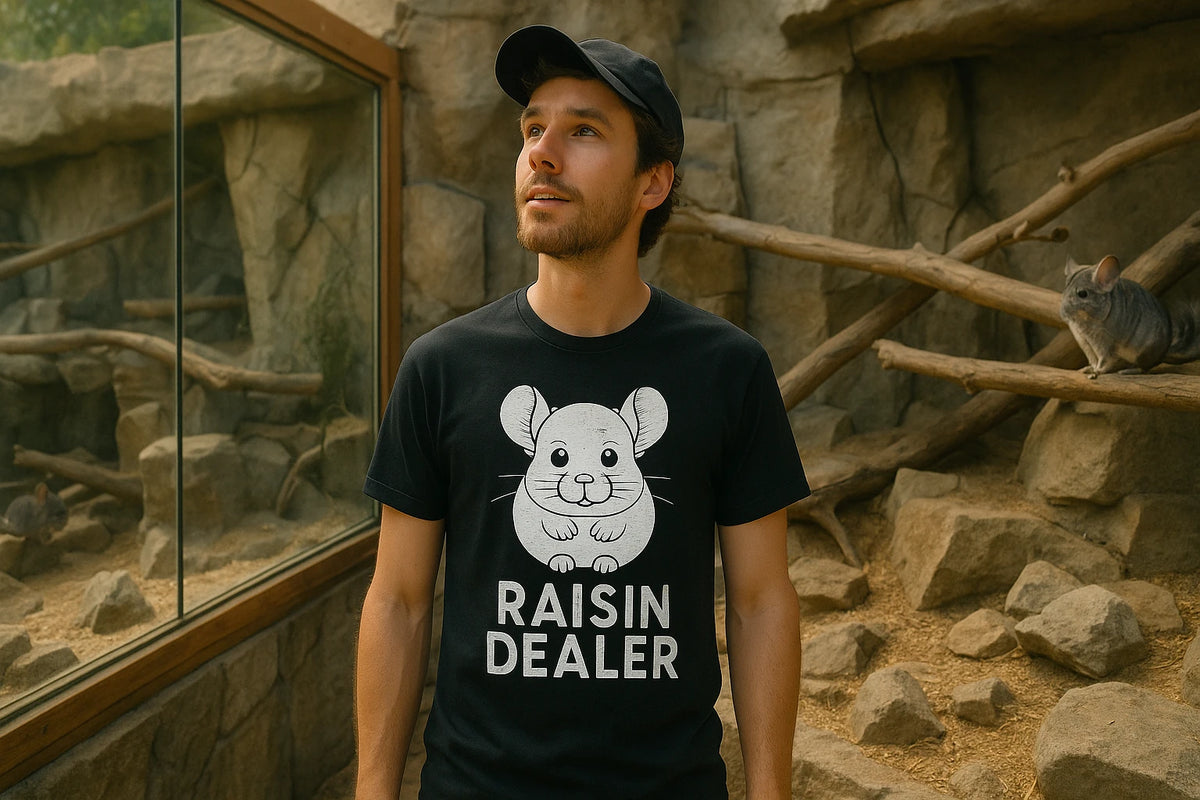 Lifestyle shot of the "Raisin Dealer" black chinchilla t shirt in a real-world setting