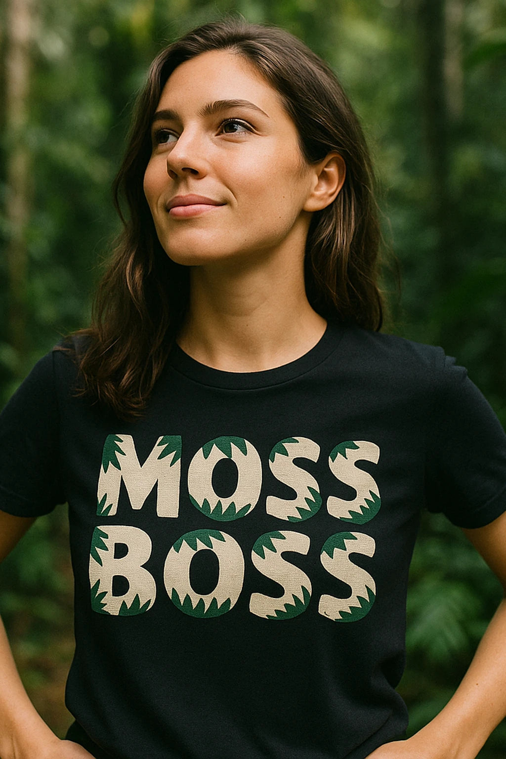 "Moss Boss" black hoh rainforest t shirt, photographed as rainforest lover gift