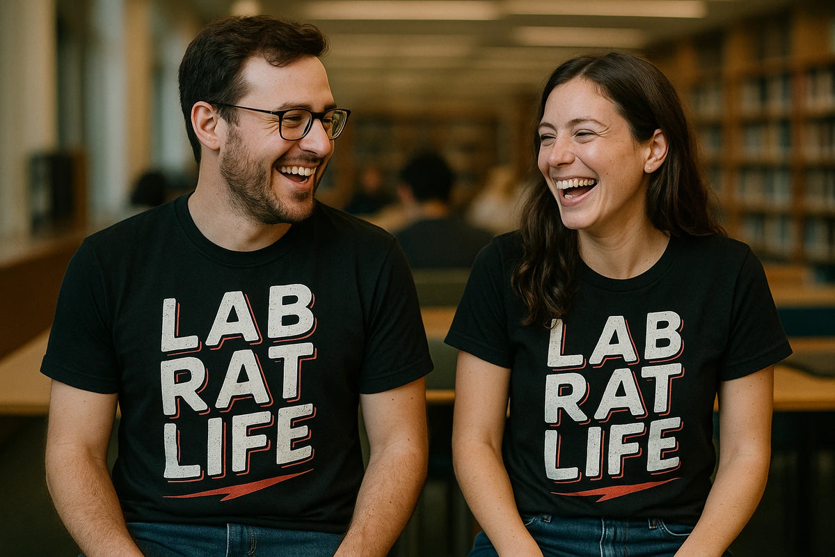 Person wearing the black studying t shirt graphic tee - "Lab Rat Life" design