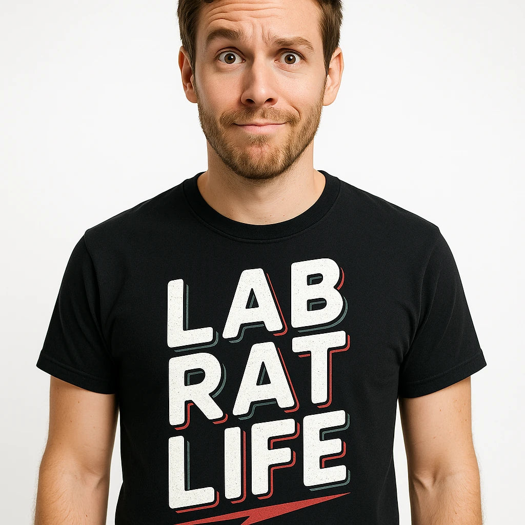 Close-up of the "Lab Rat Life" white print on a premium Bella+Canvas black studying t shirt